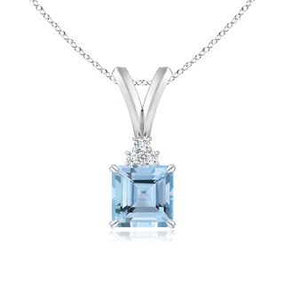 5mm AAAA V-Bale Square Aquamarine Solitaire Pendant with Diamond in 9K White Gold