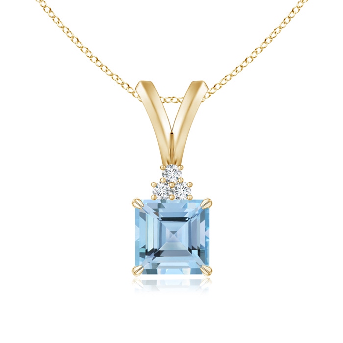 5mm AAAA V-Bale Square Aquamarine Solitaire Pendant with Diamond in Yellow Gold