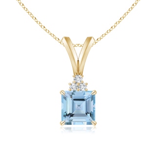 5mm AAAA V-Bale Square Aquamarine Solitaire Pendant with Diamond in Yellow Gold