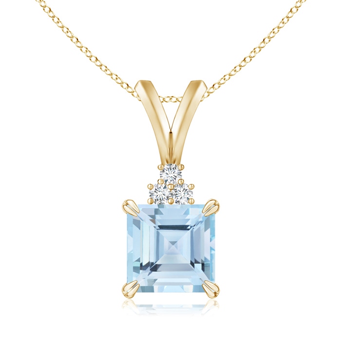 6mm AAA V-Bale Square Aquamarine Solitaire Pendant with Diamond in Yellow Gold
