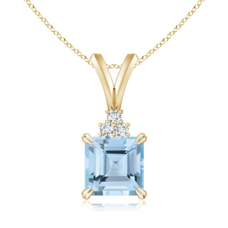 6mm AAAA V-Bale Square Aquamarine Solitaire Pendant with Diamond in Yellow Gold