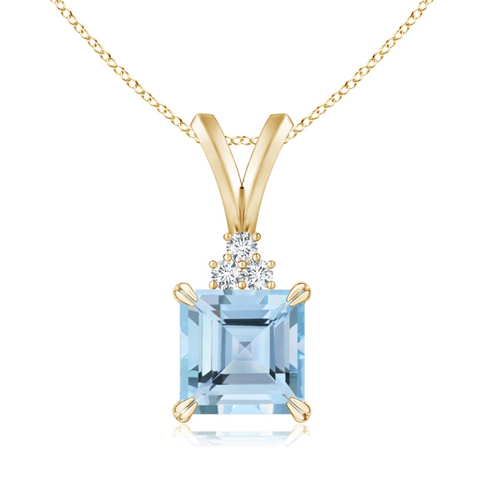 6mm AAAA V-Bale Square Aquamarine Solitaire Pendant with Diamond in Yellow Gold 