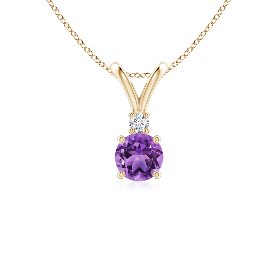 5mm AA Round Amethyst Solitaire V-Bale Pendant with Diamond in Yellow Gold 