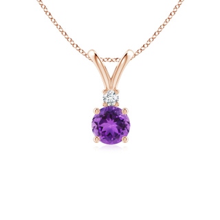 5mm AAA Round Amethyst Solitaire V-Bale Pendant with Diamond in Rose Gold