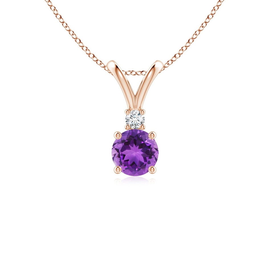 5mm AAA Round Amethyst Solitaire V-Bale Pendant with Diamond in Rose Gold 