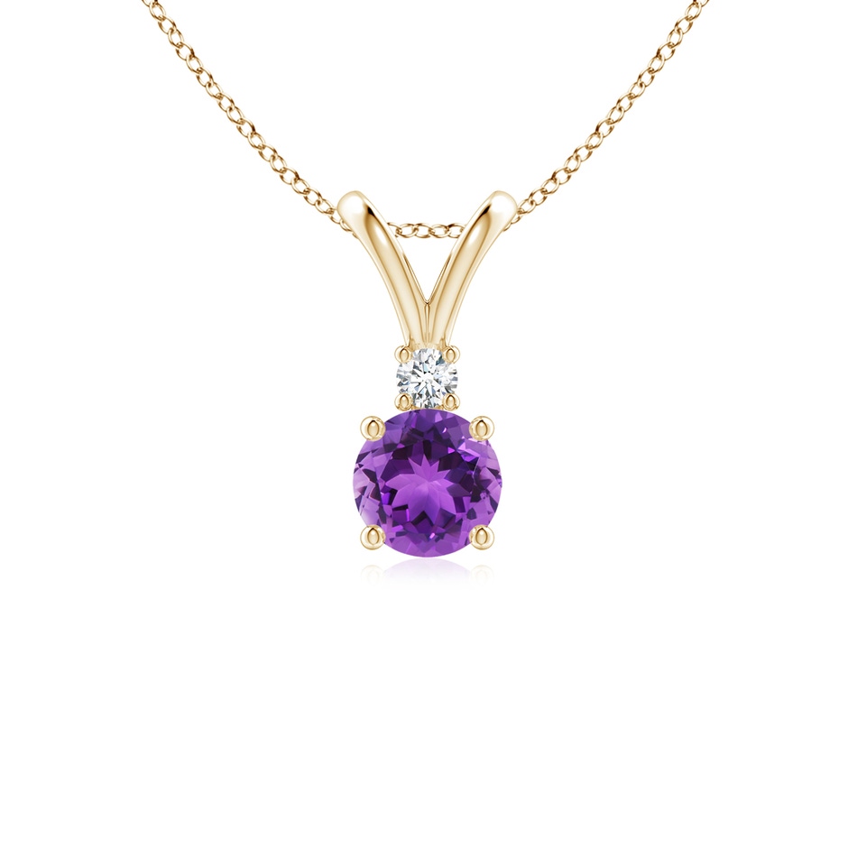 5mm AAA Round Amethyst Solitaire V-Bale Pendant with Diamond in Yellow Gold 