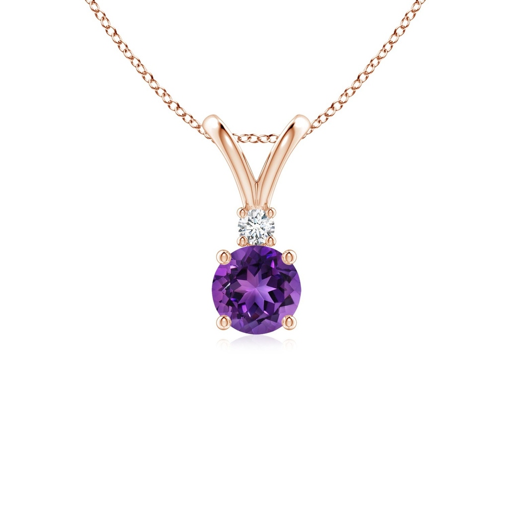 5mm AAAA Round Amethyst Solitaire V-Bale Pendant with Diamond in Rose Gold