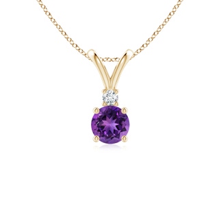 5mm AAAA Round Amethyst Solitaire V-Bale Pendant with Diamond in Yellow Gold