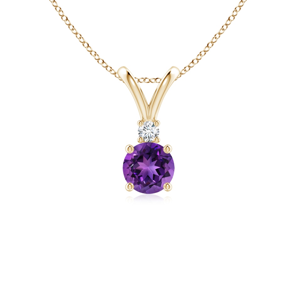 5mm AAAA Round Amethyst Solitaire V-Bale Pendant with Diamond in Yellow Gold 