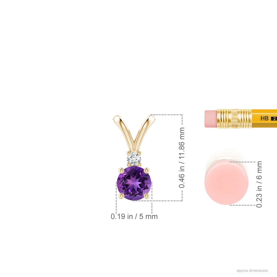 5mm AAAA Round Amethyst Solitaire V-Bale Pendant with Diamond in Yellow Gold ruler