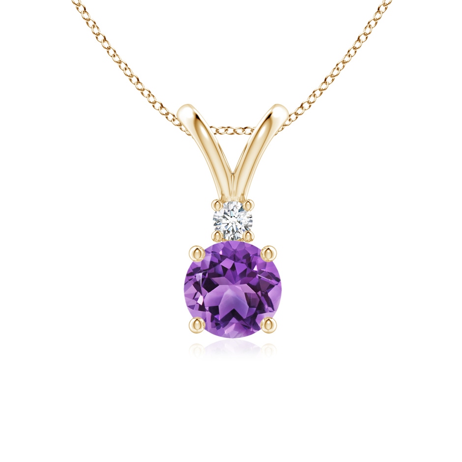 6mm AA Round Amethyst Solitaire V-Bale Pendant with Diamond in Yellow Gold 