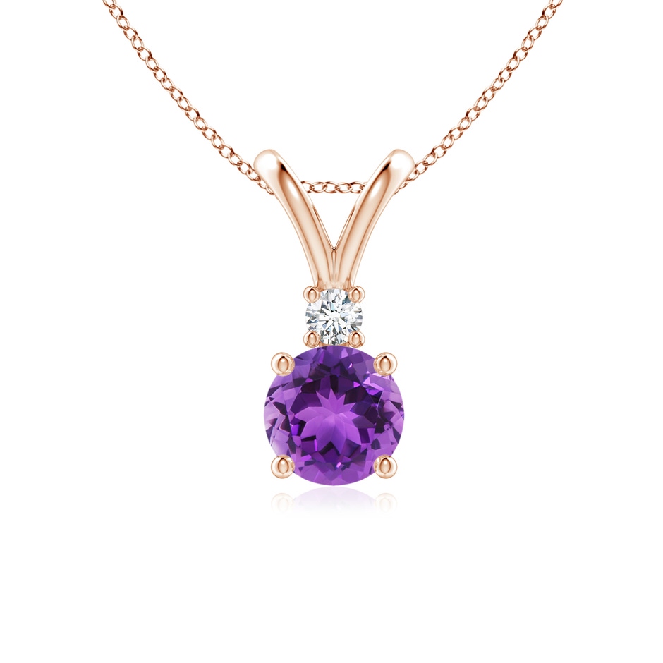 6mm AAA Round Amethyst Solitaire V-Bale Pendant with Diamond in Rose Gold 