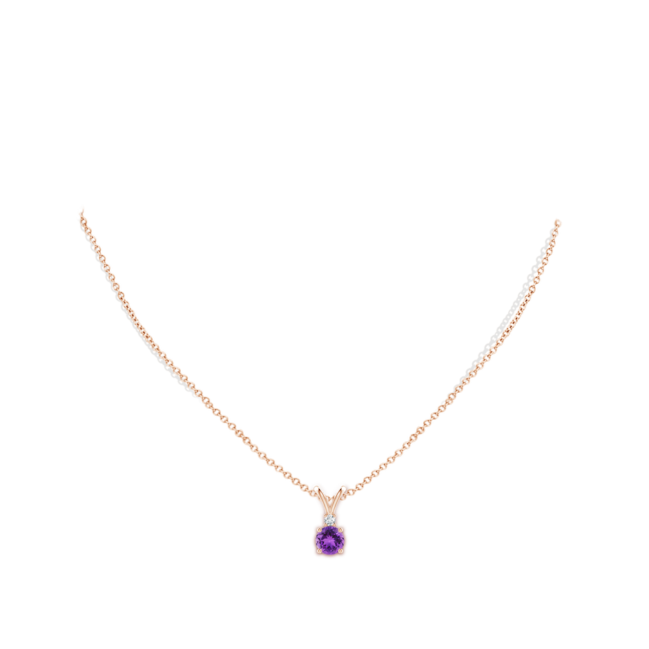 6mm AAA Round Amethyst Solitaire V-Bale Pendant with Diamond in Rose Gold pen