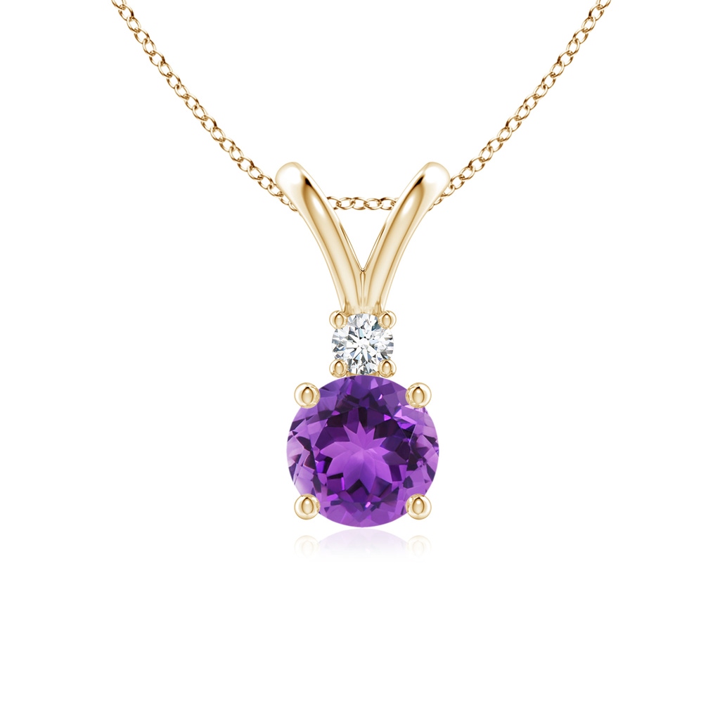 6mm AAA Round Amethyst Solitaire V-Bale Pendant with Diamond in Yellow Gold