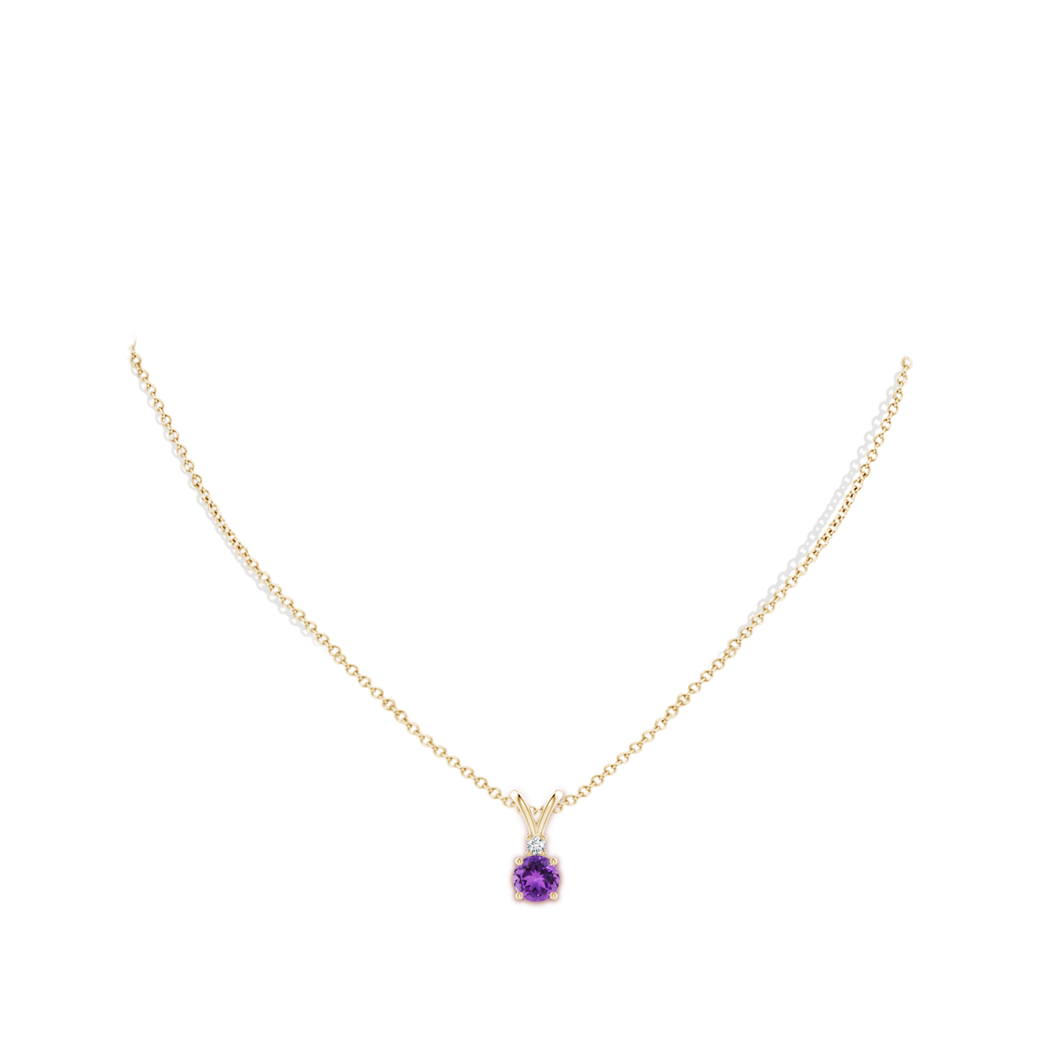6mm AAA Round Amethyst Solitaire V-Bale Pendant with Diamond in Yellow Gold - body_neck