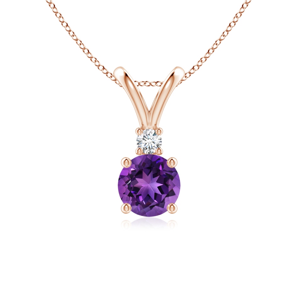 6mm AAAA Round Amethyst Solitaire V-Bale Pendant with Diamond in Rose Gold 