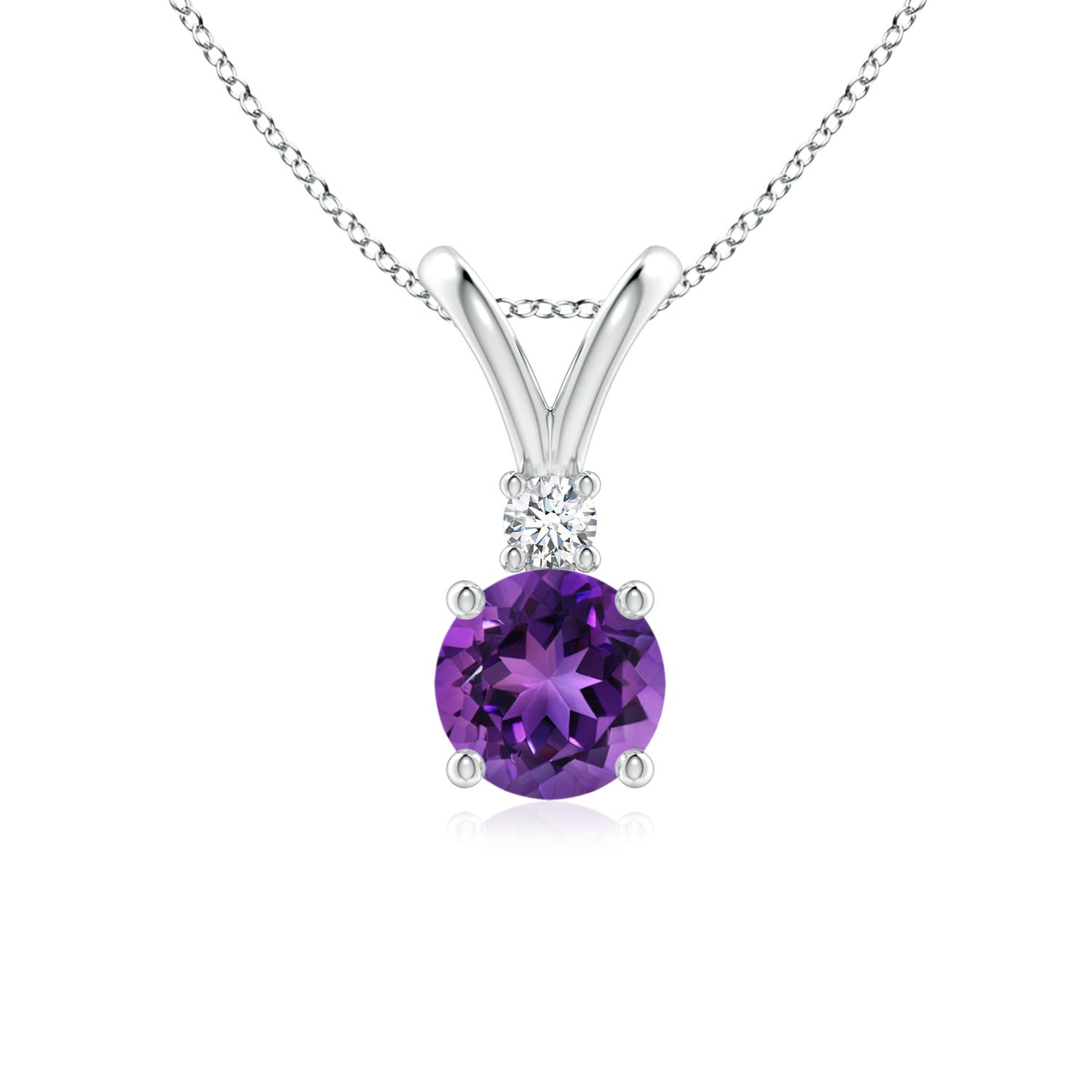 6mm AAAA Round Amethyst Solitaire V-Bale Pendant with Diamond in White Gold