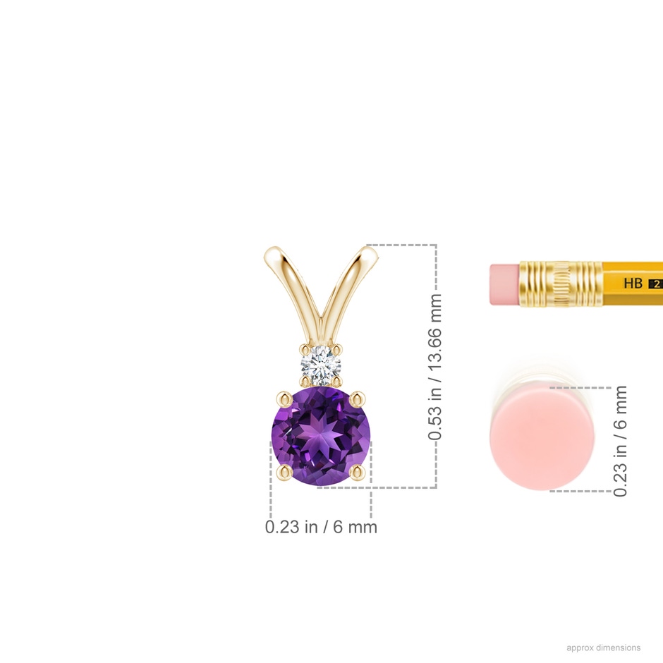 6mm AAAA Round Amethyst Solitaire V-Bale Pendant with Diamond in Yellow Gold ruler