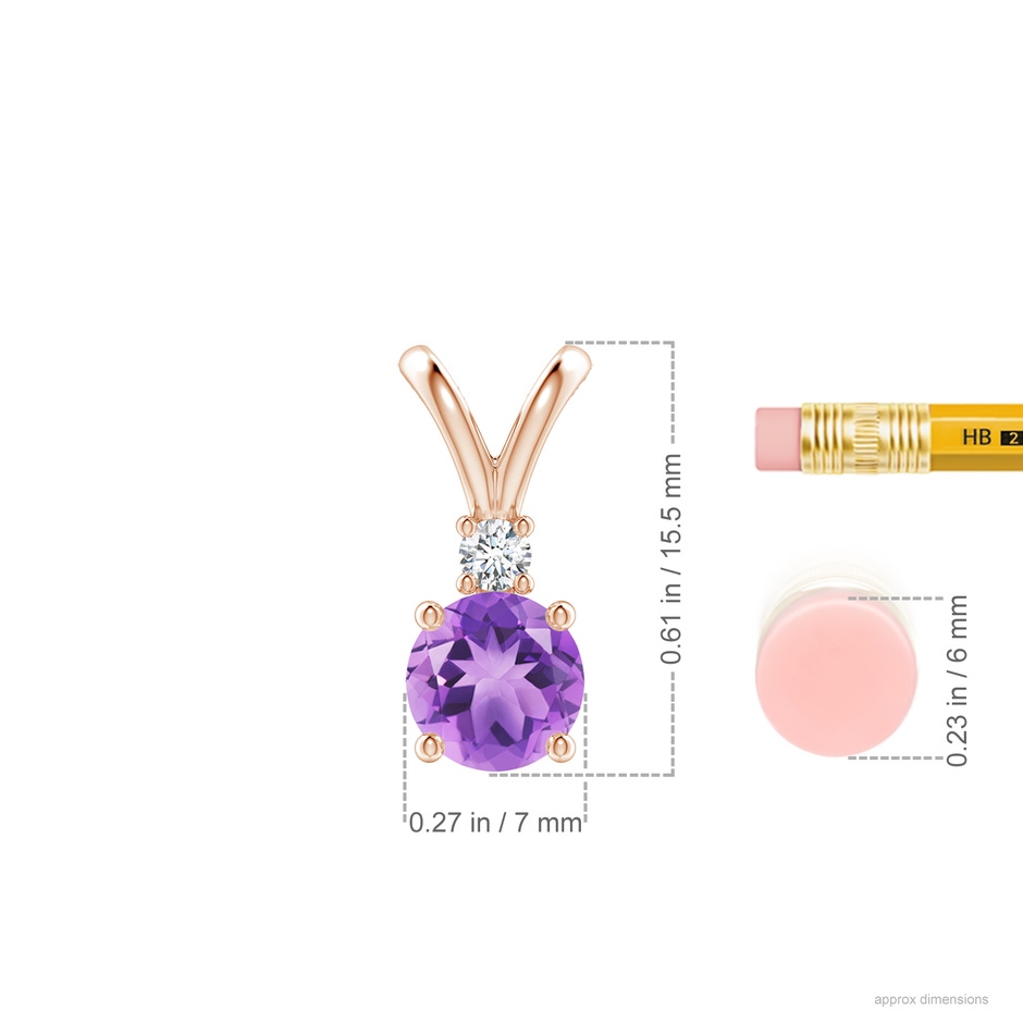 7mm A Round Amethyst Solitaire V-Bale Pendant with Diamond in Rose Gold ruler