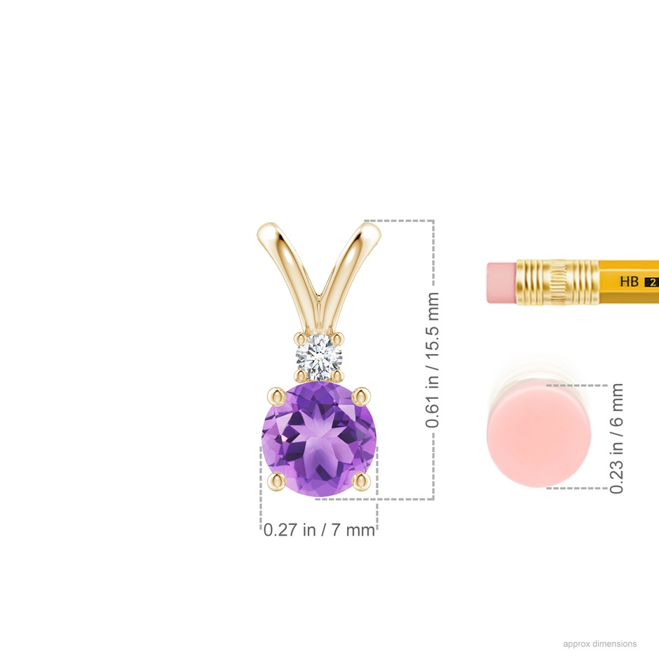 7mm A Round Amethyst Solitaire V-Bale Pendant with Diamond in Yellow Gold ruler