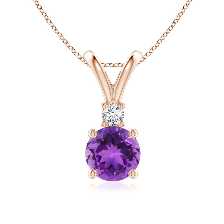 7mm AAA Round Amethyst Solitaire V-Bale Pendant with Diamond in Rose Gold 