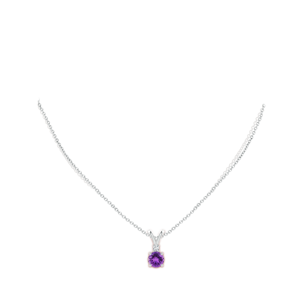 7mm AAA Round Amethyst Solitaire V-Bale Pendant with Diamond in White Gold Body-Neck