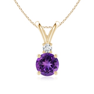 7mm AAAA Round Amethyst Solitaire V-Bale Pendant with Diamond in Yellow Gold