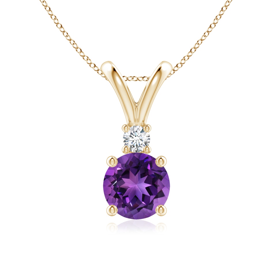 7mm AAAA Round Amethyst Solitaire V-Bale Pendant with Diamond in Yellow Gold 