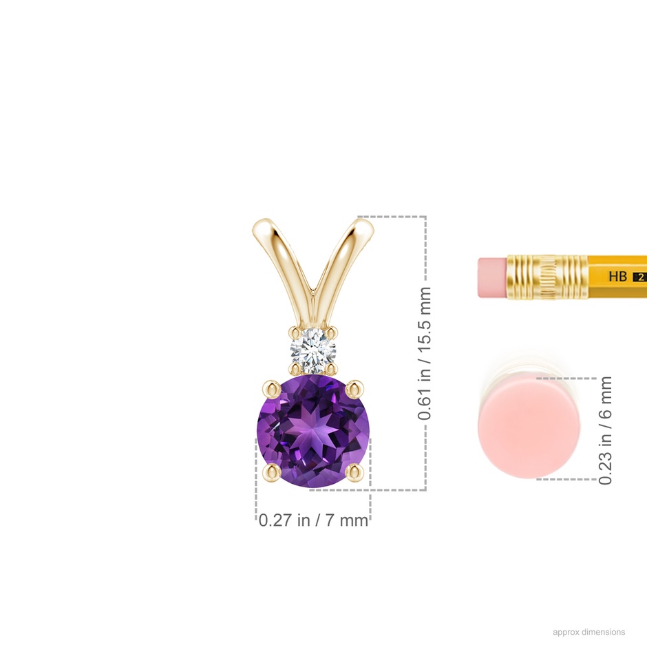 7mm AAAA Round Amethyst Solitaire V-Bale Pendant with Diamond in Yellow Gold ruler