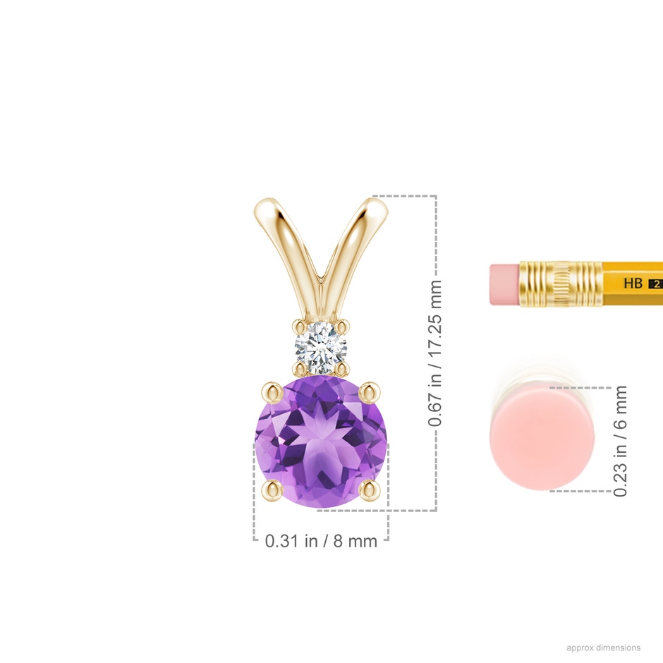 8mm A Round Amethyst Solitaire V-Bale Pendant with Diamond in Yellow Gold ruler