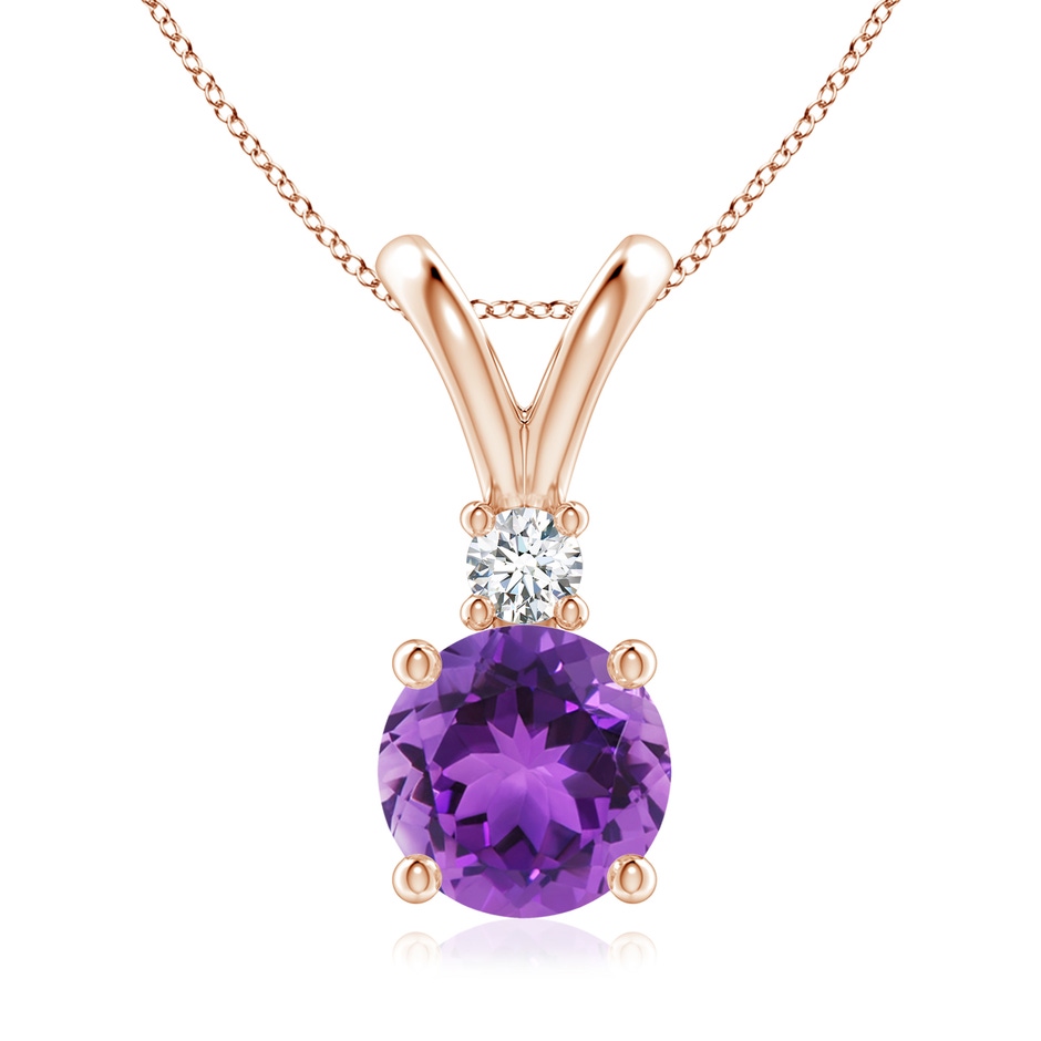 8mm AAA Round Amethyst Solitaire V-Bale Pendant with Diamond in Rose Gold 