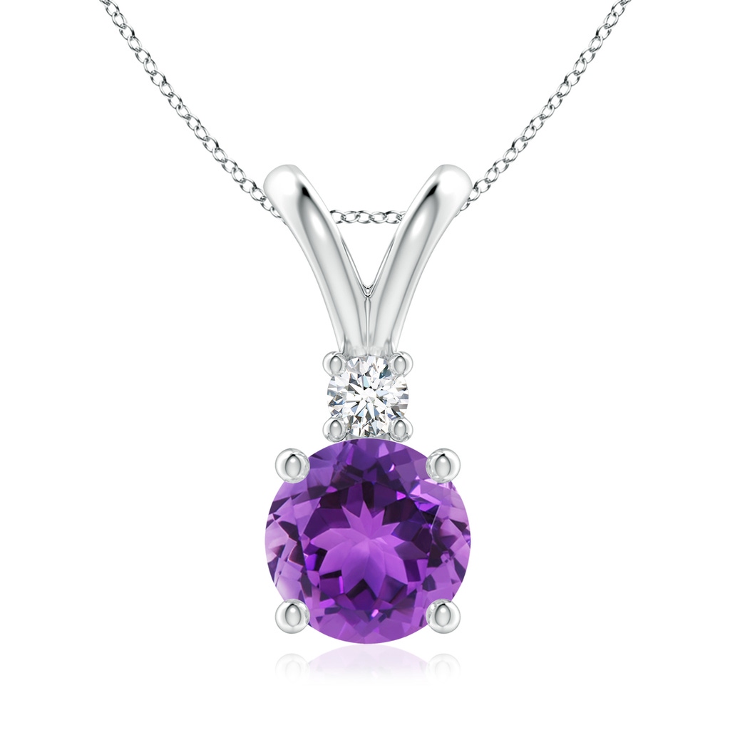 8mm AAA Round Amethyst Solitaire V-Bale Pendant with Diamond in White Gold