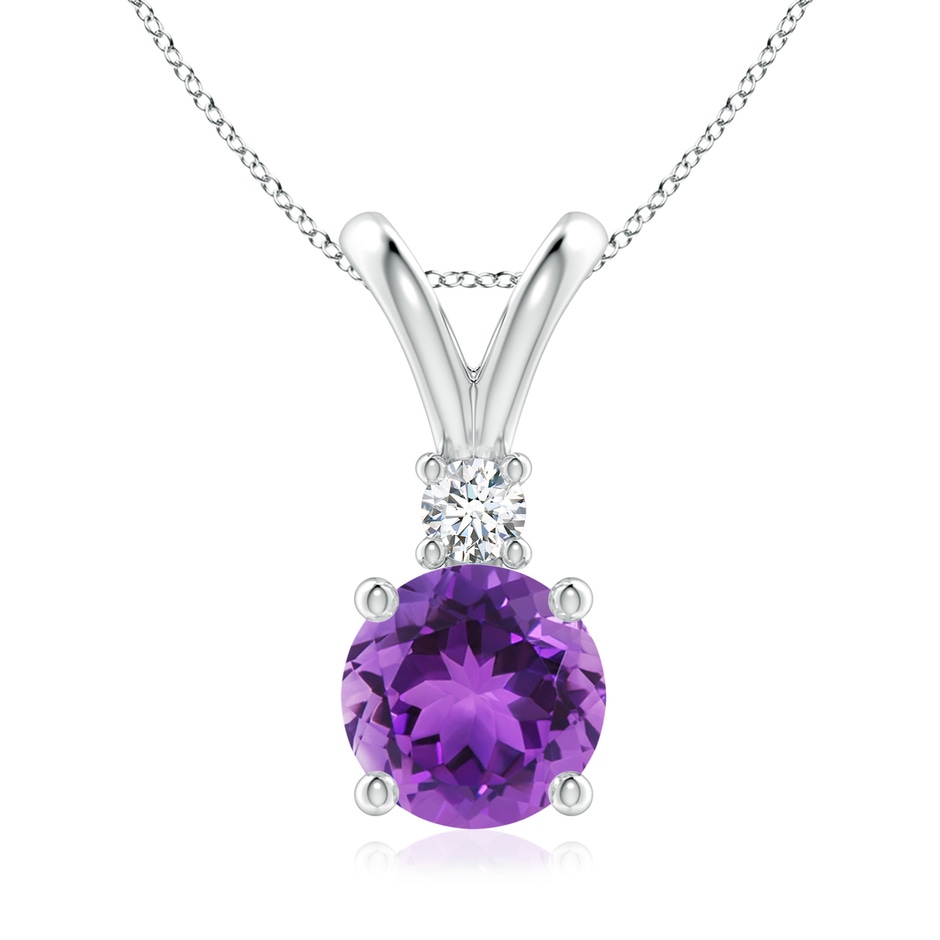 8mm AAA Round Amethyst Solitaire V-Bale Pendant with Diamond in White Gold 