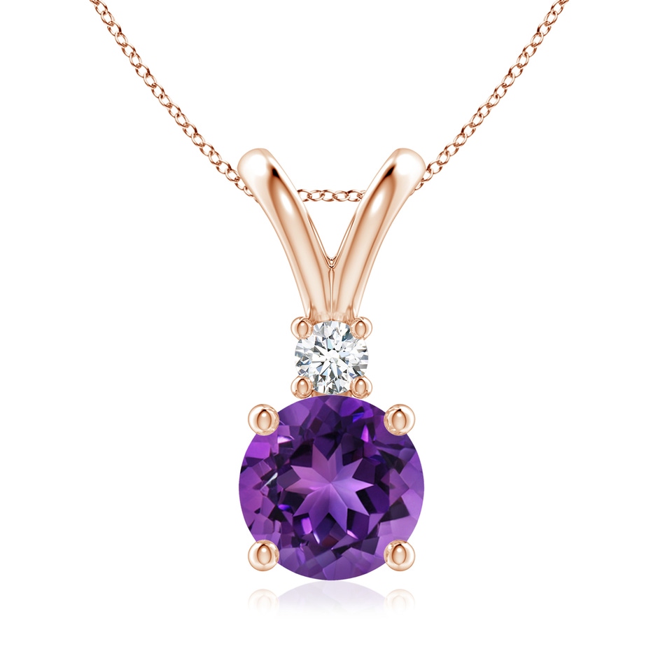 8mm AAAA Round Amethyst Solitaire V-Bale Pendant with Diamond in Rose Gold 