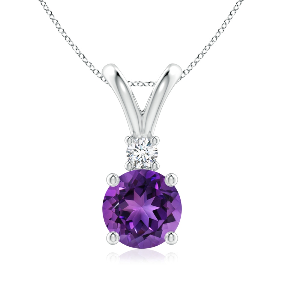 8mm AAAA Round Amethyst Solitaire V-Bale Pendant with Diamond in White Gold 