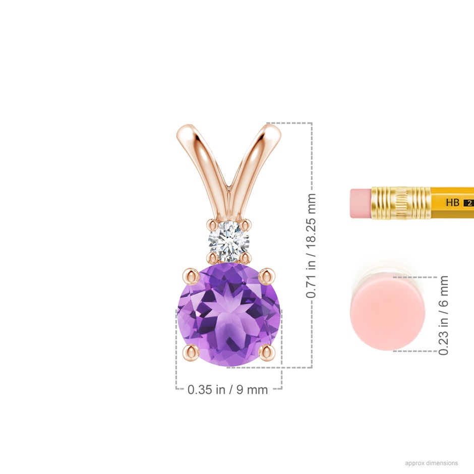 9mm A Round Amethyst Solitaire V-Bale Pendant with Diamond in Rose Gold ruler