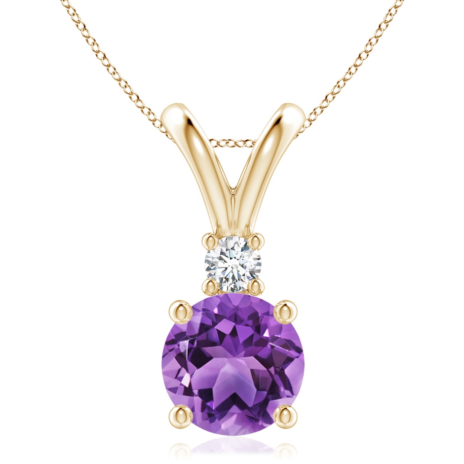 9mm AA Round Amethyst Solitaire V-Bale Pendant with Diamond in Yellow Gold 
