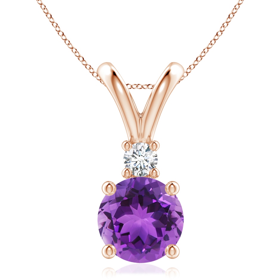 9mm AAA Round Amethyst Solitaire V-Bale Pendant with Diamond in Rose Gold 
