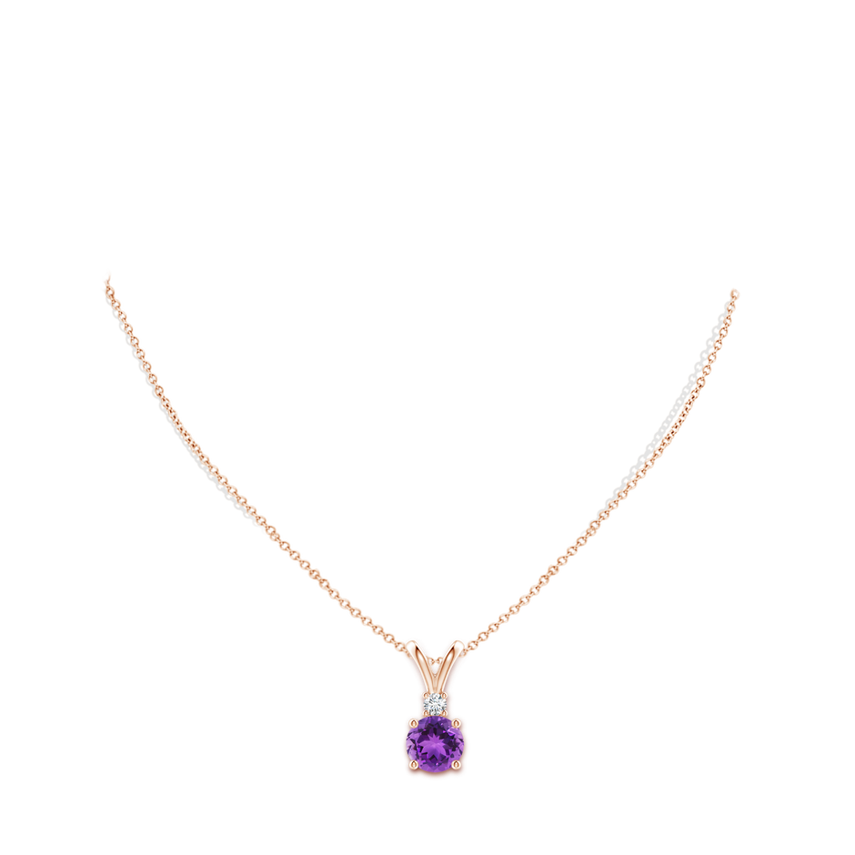 9mm AAA Round Amethyst Solitaire V-Bale Pendant with Diamond in Rose Gold pen