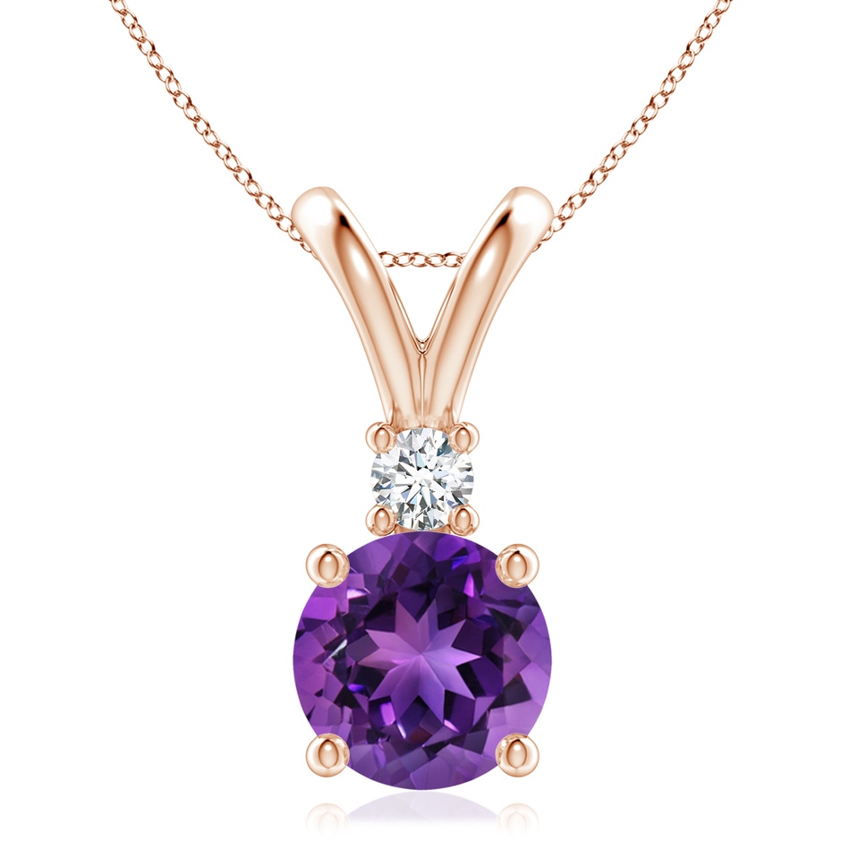 9mm AAAA Round Amethyst Solitaire V-Bale Pendant with Diamond in Rose Gold 