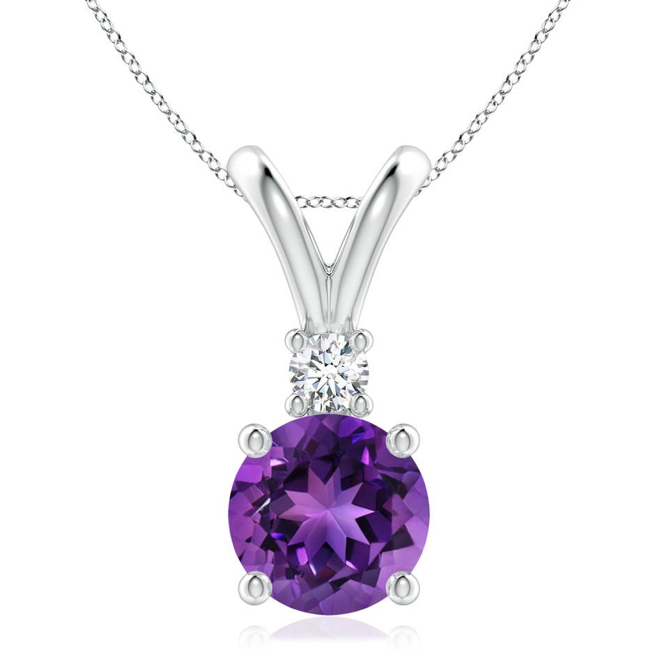 9mm AAAA Round Amethyst Solitaire V-Bale Pendant with Diamond in White Gold 