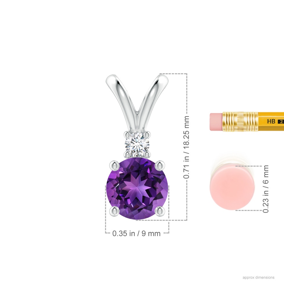 9mm AAAA Round Amethyst Solitaire V-Bale Pendant with Diamond in White Gold ruler