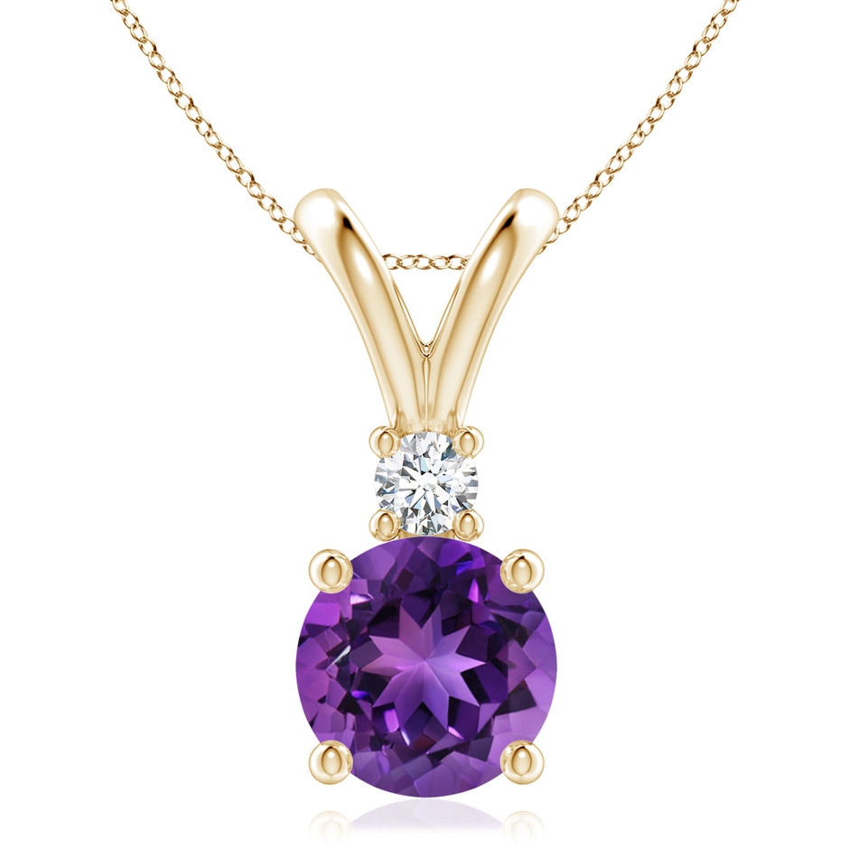 9mm AAAA Round Amethyst Solitaire V-Bale Pendant with Diamond in Yellow Gold 