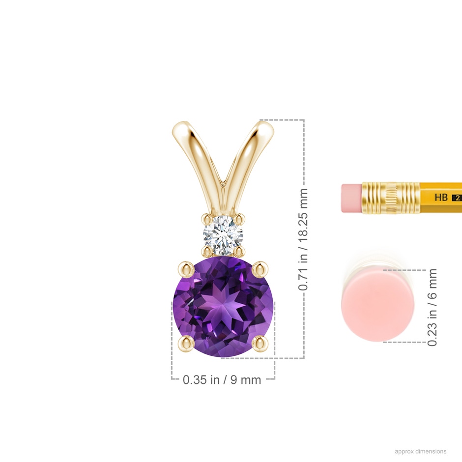 9mm AAAA Round Amethyst Solitaire V-Bale Pendant with Diamond in Yellow Gold ruler