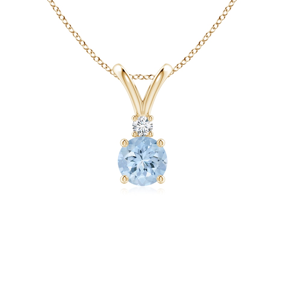5mm AA Round Aquamarine Solitaire V-Bale Pendant with Diamond in Yellow Gold 