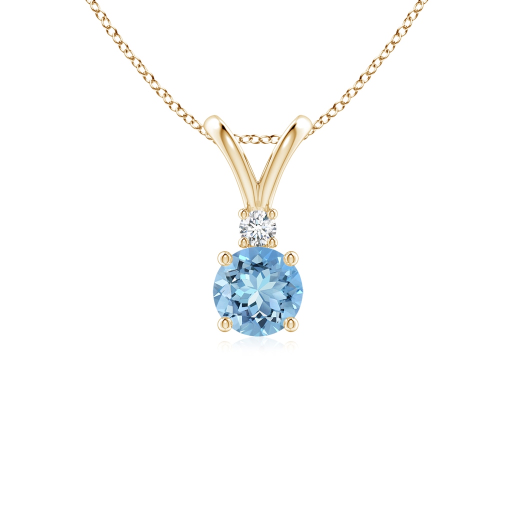 5mm AAAA Round Aquamarine Solitaire V-Bale Pendant with Diamond in Yellow Gold