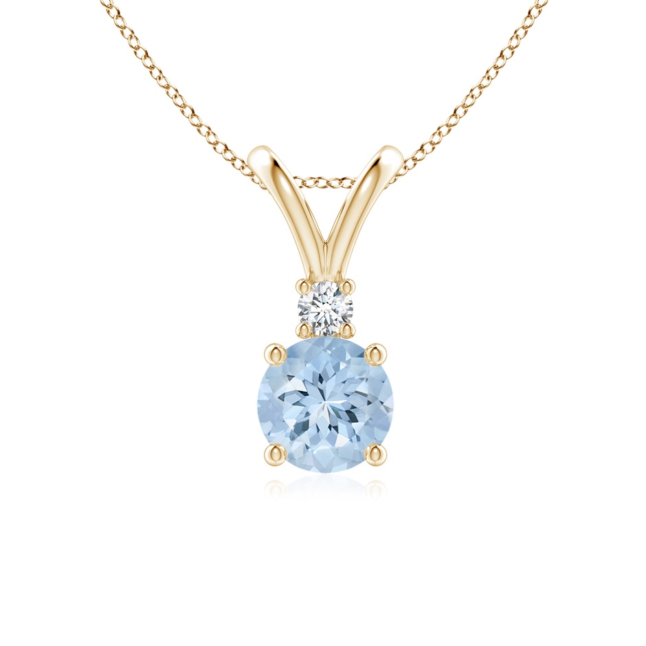 6mm AA Round Aquamarine Solitaire V-Bale Pendant with Diamond in Yellow Gold 