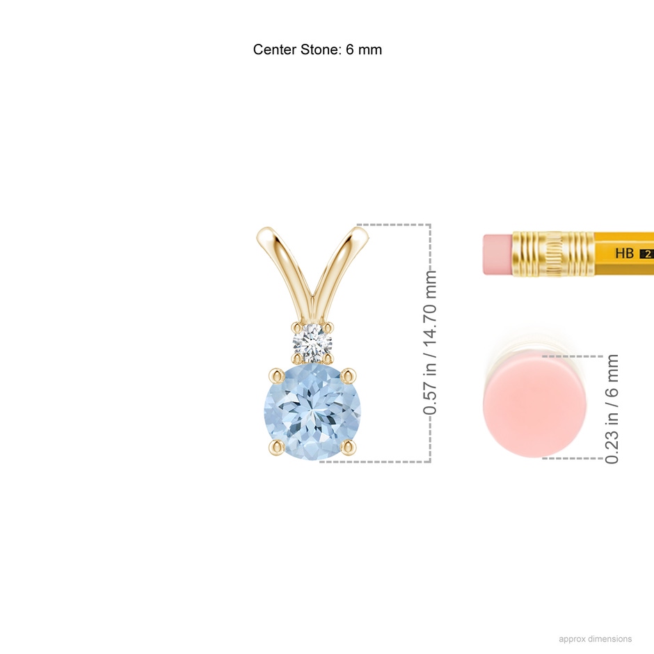 6mm AA Round Aquamarine Solitaire V-Bale Pendant with Diamond in Yellow Gold ruler