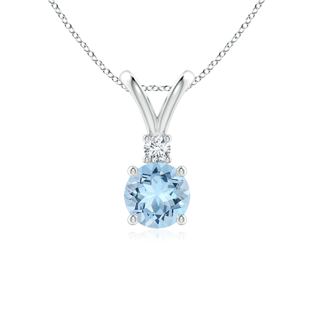 6mm AAA Round Aquamarine Solitaire V-Bale Pendant with Diamond in 10K White Gold