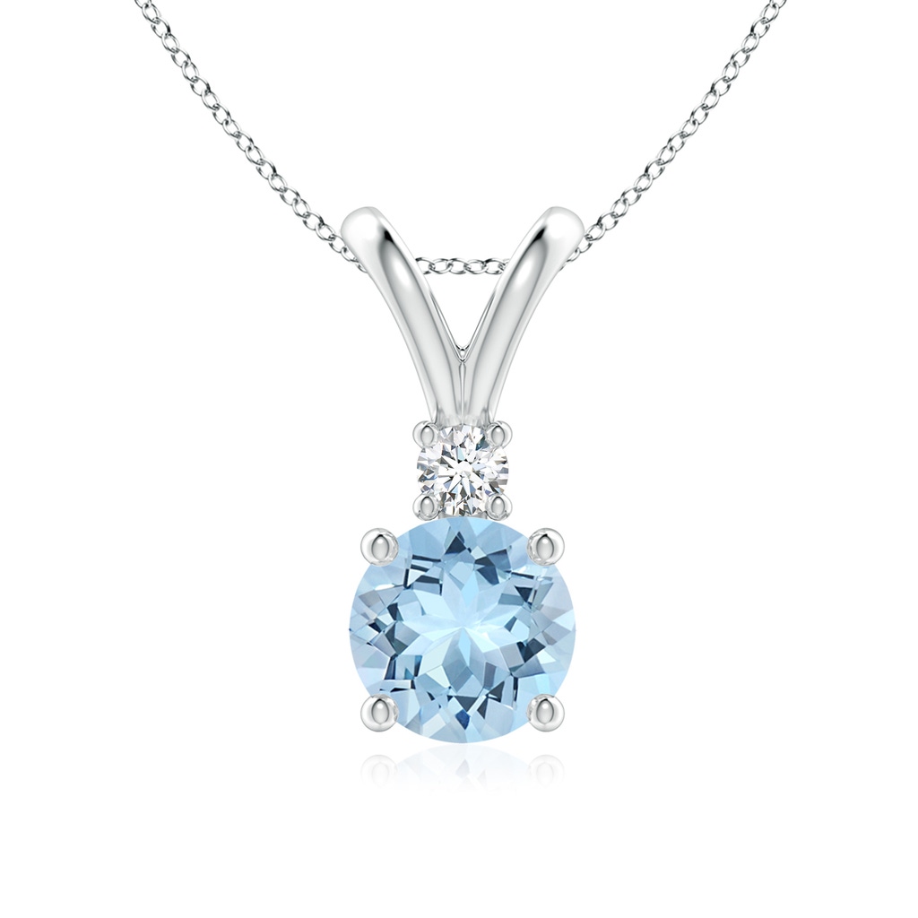 7mm AAA Round Aquamarine Solitaire V-Bale Pendant with Diamond in White Gold